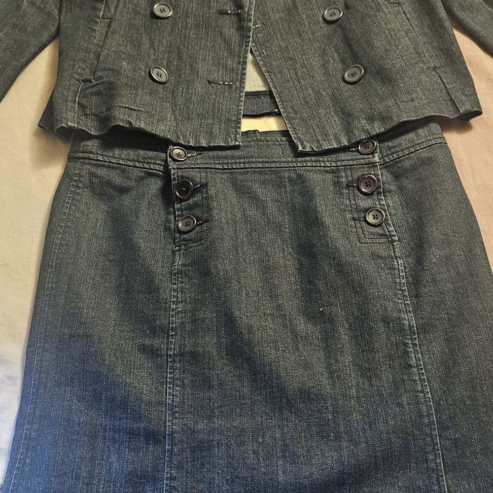 Dark Blue Denim Pencil Skirt with Button Waist Detail